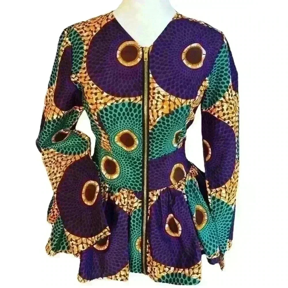 NWT Shenbolen African print dashiki cloth zip up long sleeve peplum blouse S